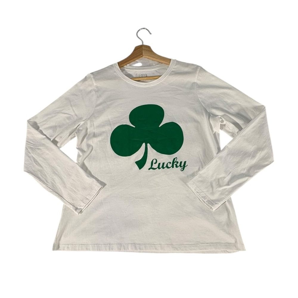 Time & Tru Lucky Shamrock Graphic Long Sleeve Tee Women’s L 12-14 St Patrick’s